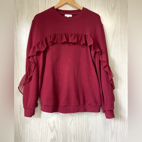 14th & Union Long Sleeve Ruffle Sweatshirt, Cranberry Red - Size M - Picture 3 of 4